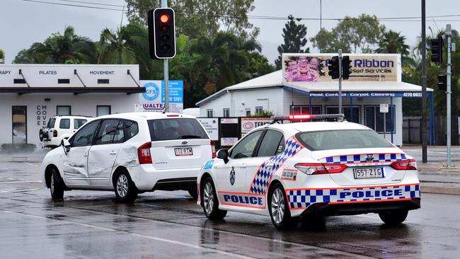 A stolen vehicle rammed a car with a woman and child inside at the intersection of Gulliver St and Ross River Road, Mundingburra. Picture: Alix Sweeney