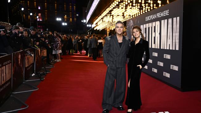 Robbie Williams and Ayda Field at the premiere for his new biopic, Better Man. Picture: Gareth Cattermole/Getty Images