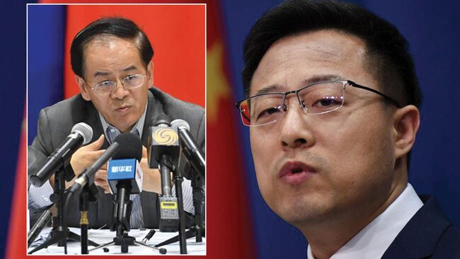 Chinese Ambassador to Australia Cheng Jingye, left, and Chinese Foreign Ministry spokesman Zhao Lijian. Pictures: AFP