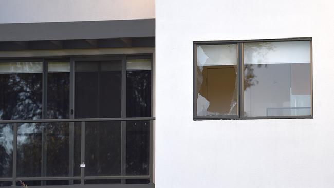 The broken window at Stephen Dank’s house. Picture: AAP Image/Tracey Nearmy