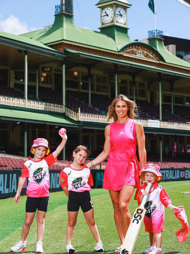 Candice Warner with daughters, Ivy, Indi, and Isla, at the SCG for the Pink Test, today. Picture: Justin Lloyd.