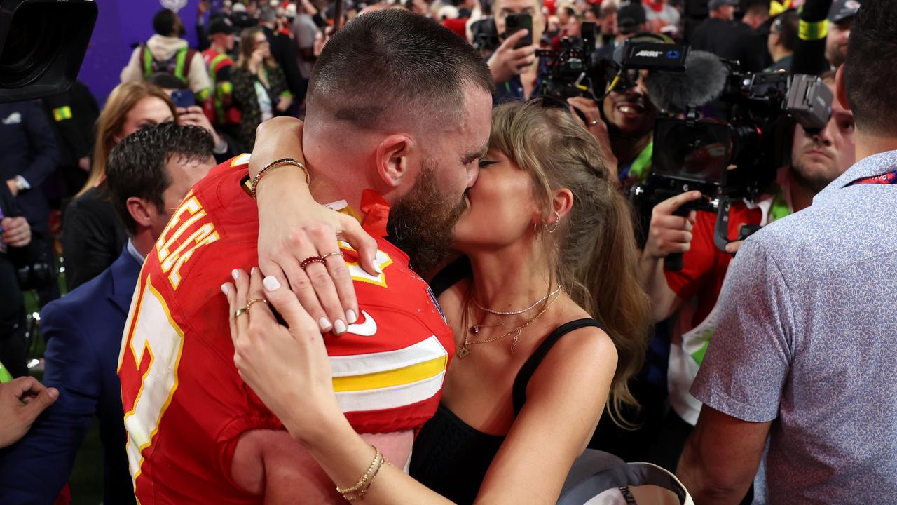 Travis Kelce kisses Taylor Swift after his team won Super Bowl LVIII at Allegiant Stadium in Las Vegas on February 11, 2024. Picture: Ezra Shaw / Getty Images