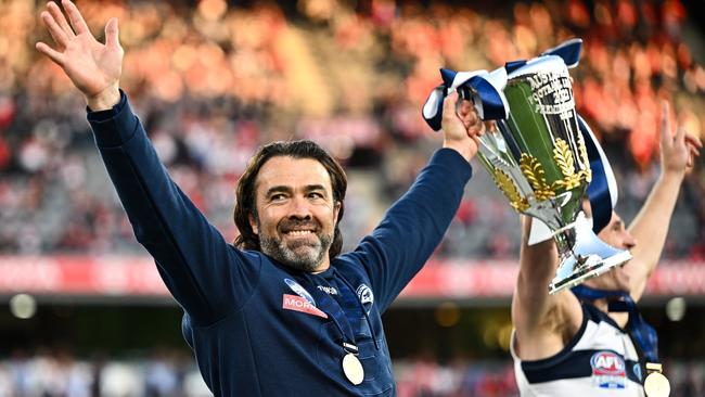 Chris Scott and Joel Selwood after winning the 2022 flag. Picture: Getty Images