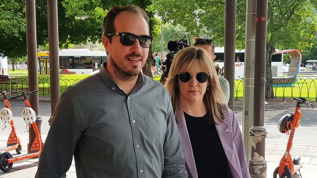 Advertiser journalist and editor Ben Hyde and his wife Tania outside the District Court. Picture: Sean Fewster