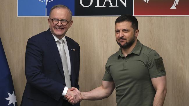 12-07-2023 - Prime Minister Anthony Albanese meets with President of Ukraine, Volodymyr Zelensky at the NATO Summit in Vilnius, Lithuania. Picture: Jacquelin Magnay / The Australian