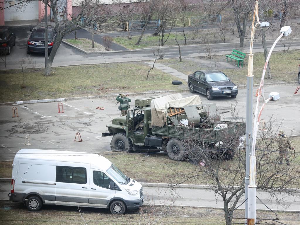 Military vehicle with Russian saboteurs shot by Ukrainian forces of Territorial Defence in Kyiv. Picture: Getty