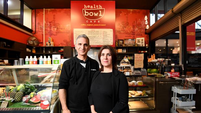 George Zervides and Leah Tolongou at their Prahran Market cafe, Health Bowl, which closed in December. Picture: Penny Stephens