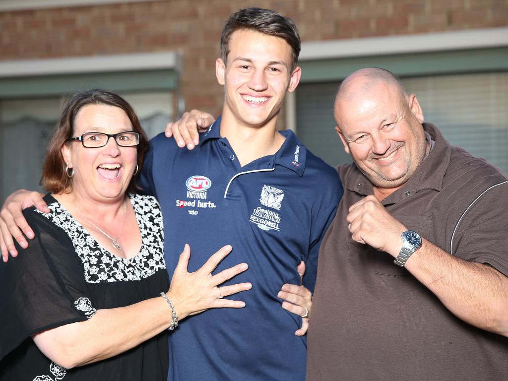 Cheryl and Steve with Tom after he was drafted to the Crows. Picture: Peter Ristevski