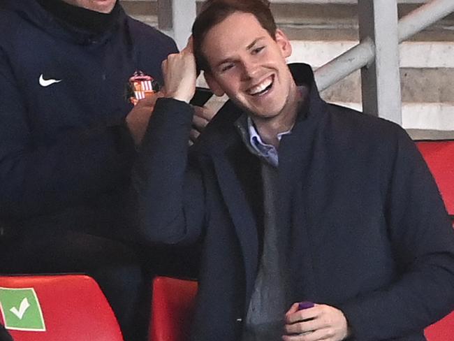 SUNDERLAND, ENGLAND - FEBRUARY 17: Sunderland chairman Kyril Louis-Dreyfus (right) looks on from the main stand during the Papa John's Trophy Semi-Final match between Sunderland and Lincoln City at Stadium of Light on February 17, 2021 in Sunderland, England. Sporting stadiums around England remain under strict restrictions due to the Coronavirus Pandemic as Government social distancing laws prohibit fans inside venues resulting in games being played behind closed doors (Photo by Stu Forster/Getty Images)