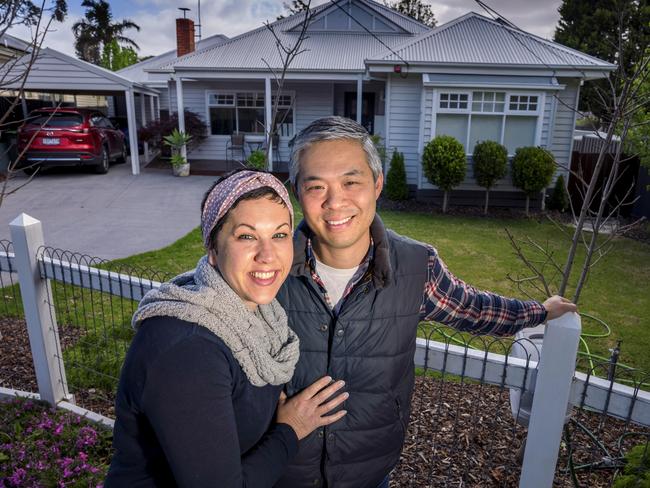 MELBOURNE, OCTOBER, 5, 2021: Lucy Scott and Darren Chan at the Blackburn North property they sold this year. In Blackburn North, a typical home increased in value by 2.5 times the average annual income. Picture: David Geraghty