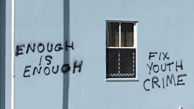 An anti-crime message was painted on the wall of Mulgrave MP Curtis Pitt's Gordonvale office in February. Picture: Supplied