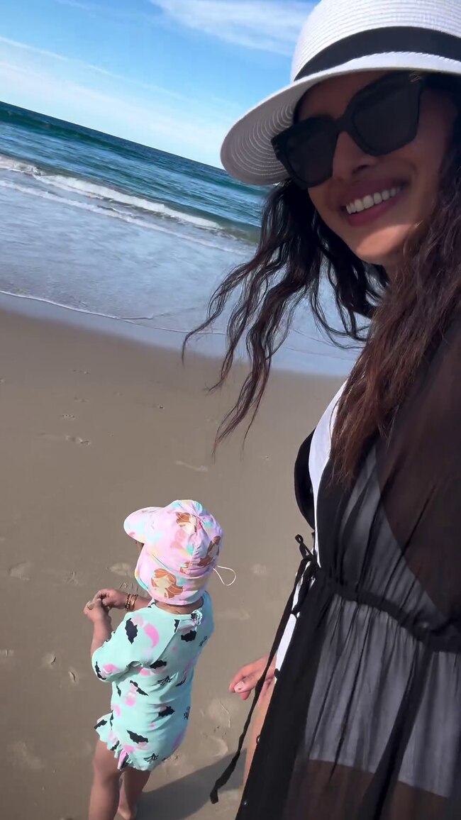 Priyanka Chopra Jonas and two-year-old daughter Malti Marie at the beach near Broadbeach. Photo: Instagram.