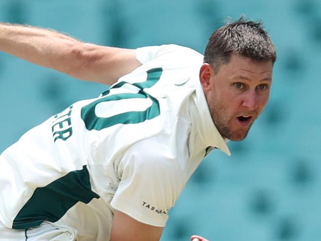 SYDNEY, AUSTRALIA - NOVEMBER 27: Beau Webster of the Tigers bowls during the Sheffield Shield match between New South Wales Blues and Tasmania Tigers at Sydney Cricket Ground on November 27, 2024 in Sydney, Australia. (Photo by Jason McCawley/Getty Images)