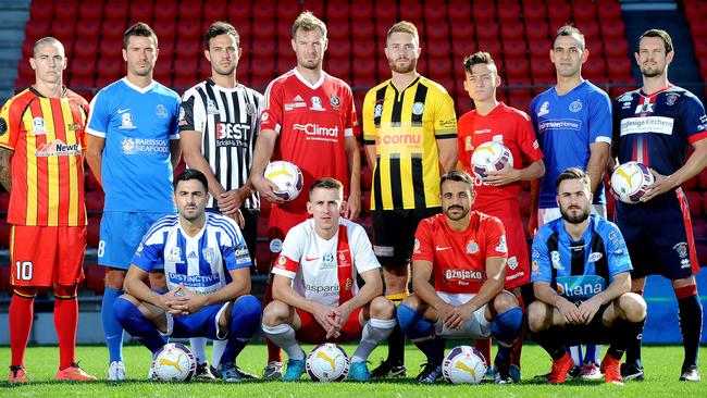 17/02/2016 Premier League soccer players ready the start of the season.L-R back row Liam Wooding (Metro Stars) ,Fausta Erba (Adelaide Olympic),Anthony Costa (Adelaide City),Iain Fyfe (Campbelltown City),Tom Dittmar (West Torrens Birkalla) , Jordan O'Doherty (Adelaide United)), Chris Atsikbasis (Adelaide Blue Eagles) and Johnny Moore (South Adelaide) - Front row , Eli Vlassis (West Adelaide), Luke Klimek (Croydon Kings), Justin Bralic (Raiders) and Jack Bladen (Adelaide Comets). Pic Mark Brake