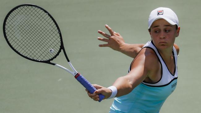 Ashleigh Barty plays a backhand return during her victory over Anett Kontaveit in Cincinnati. Picture: AP