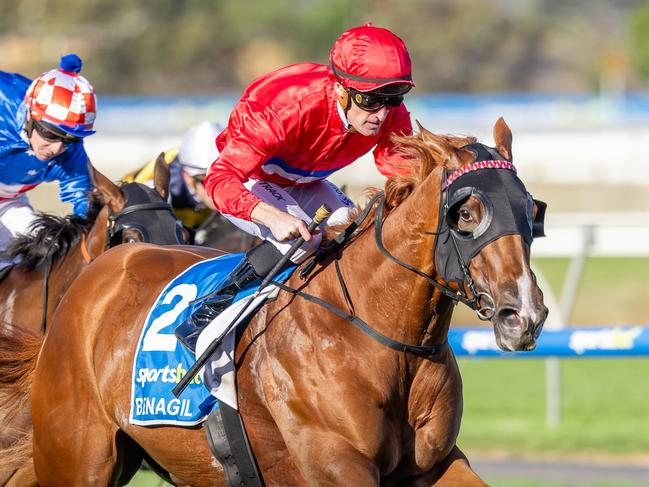 Benagil, ridden by Mark Zahra, wins the Australasian Oaks at Morphettville on Saturday. Picture: Makoto Kaneko