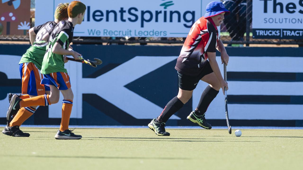 Lachlan Belanyi of Past High against Newtown Norths Tigers in under-11 boys Presidents Cup hockey at Clyde Park, Saturday, May 27, 2023. Picture: Kevin Farmer