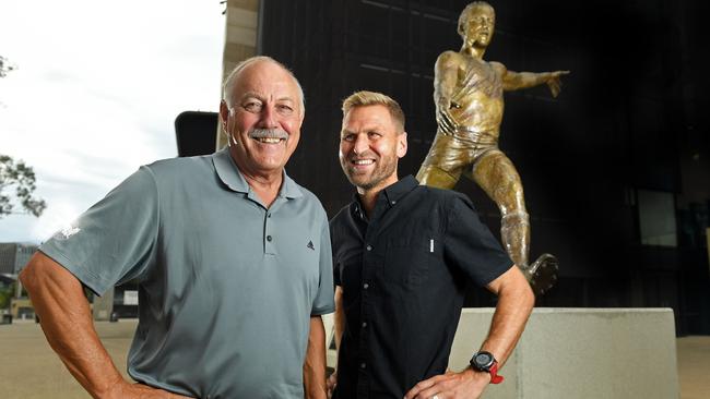 Malcolm Blight and Kane Cornes at the Malcolm Blight statue at Adelaide Oval. Picture: Tom Huntley