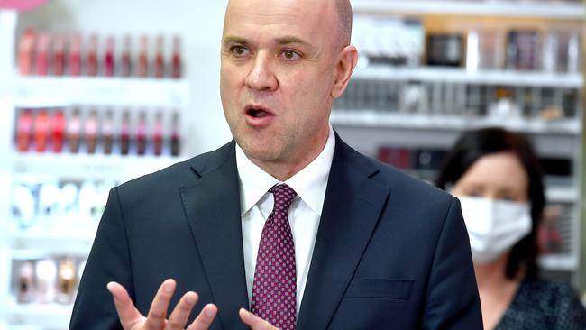 Queensland Chief Health Officer Dr John Gerrard at Tuesday’s Covid press conference at Valley Discount Drug Store. Picture: NCA NewsWire / John Gass