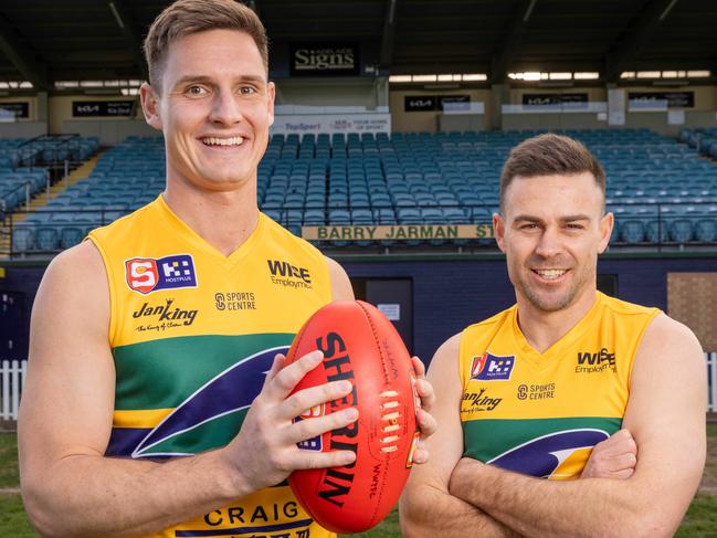 SANFL: Woodville-West Torrens players Luke Thompson and Matthew Goldsworthy at Woodville Oval. Pictured on 28th August 2024. Picture: Ben Clark