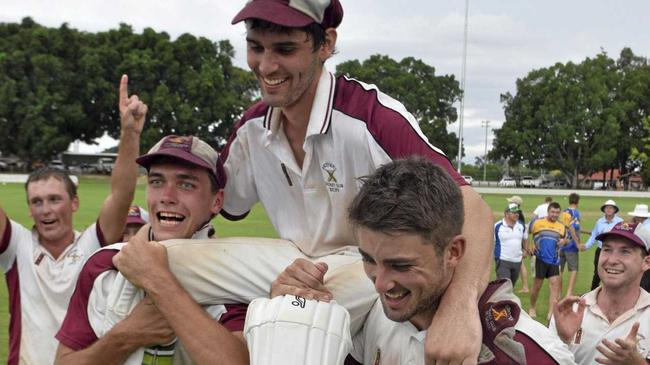 CHAMPION: Brothers' wicket-keeper Billy Kerr is chaired off the field after the side clinched the CRCA Premier League trophy at Ellem Oval. Kerr scored 108 in the decider. . Picture: Matthew Elkerton