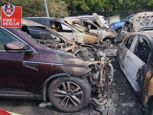 A lithium-ion battery has caused a fire which destroyed five cars at Sydney Airport in September 2023. Picture: NSW Fire and Rescue