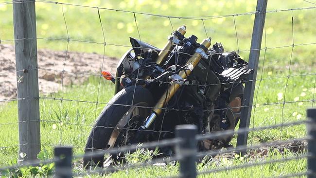 The wrecked motorcycle at the scene of a fatal crash on the Portarlington Road near Moss Road, Leopold on Thursday morning. Picture: Alan Barber