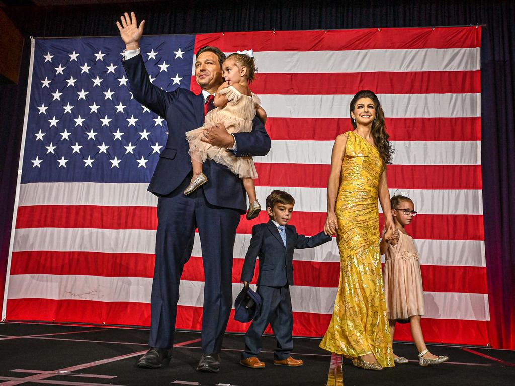 DeSantis celebrates his re-election in November with wife Casey and children Madison, Mason and Mamie. Picture: Giorgio Viera (AFP)