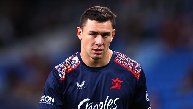 SYDNEY, AUSTRALIA - AUGUST 12: Joseph Manu of the Roosters warms up prior to the round 24 NRL match between Sydney Roosters and Dolphins at Allianz Stadium on August 12, 2023 in Sydney, Australia. (Photo by Jeremy Ng/Getty Images)