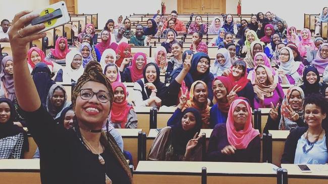 Yassmin Abdel-Magied visits a university in Sudan during her speaking tour in November last year.