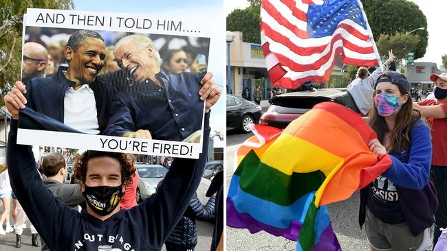 Joe Biden supporters in Los Angeles, California celebrate his victory in the US Election. Pictures: AFP