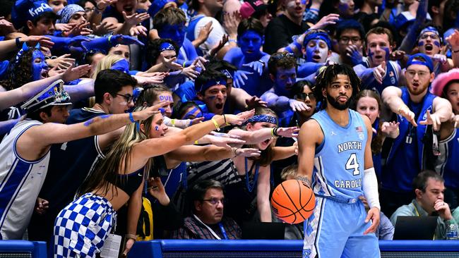 The Cameron Crazies taunt RJ Davis in Durham, as the Tar Heels defeat the Blue Devils 84-79 in North Carolina. Picture: Grant Halverson/Getty Images