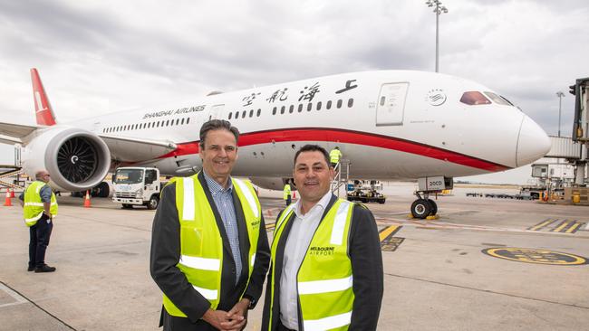 Chief executive of Visit Victoria Brendan McClements and chief of aviation at Melbourne Airport after the announcement.