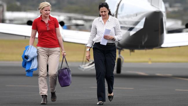 Then Queensland premier Annastacia Palaszczuk, right, walks on the tarmac with her adviser Fiona McNamara at the Gladstone airport during 2017 election campaign. Picture: Dan Peled