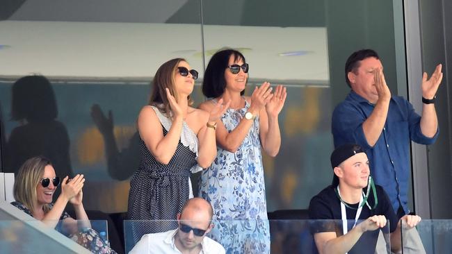 Rebekah Labuschagne (centre left) applauds her husband Marnus Labuschagne’s century. Picture: AAP