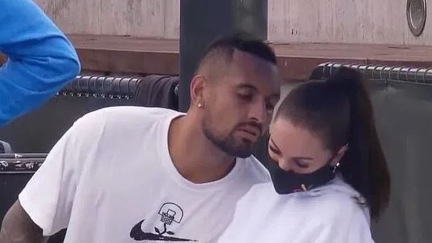 Nick Kyrgios with his girlfriend at Melbourne Park. Picture: Channel 9.