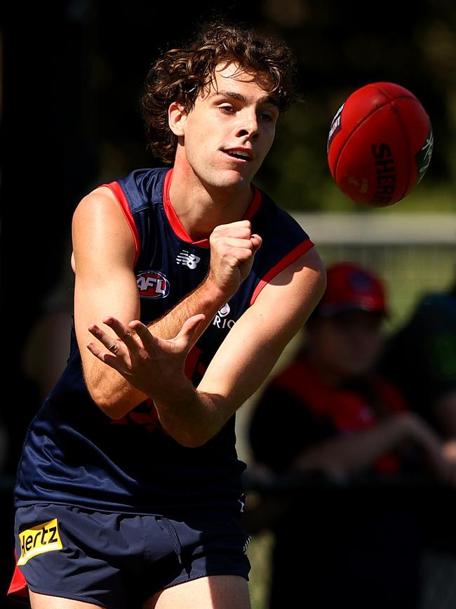 Kade Kolodjashnij of the Demons handballs during a Melbourne Demons AFL training session at Gosch's Paddock on January 27, 2020 in Melbourne, Australia. (Photo by Robert Cianflone/Getty Images)