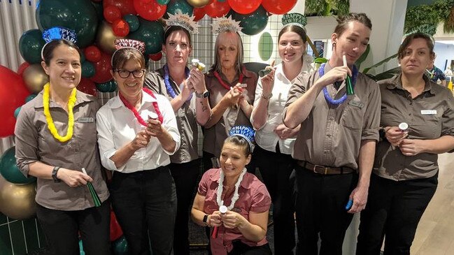 The staff of Jets Leagues Club Staff bringing in the New Year. Picture: Facebook/Jets Leagues Ipswich
