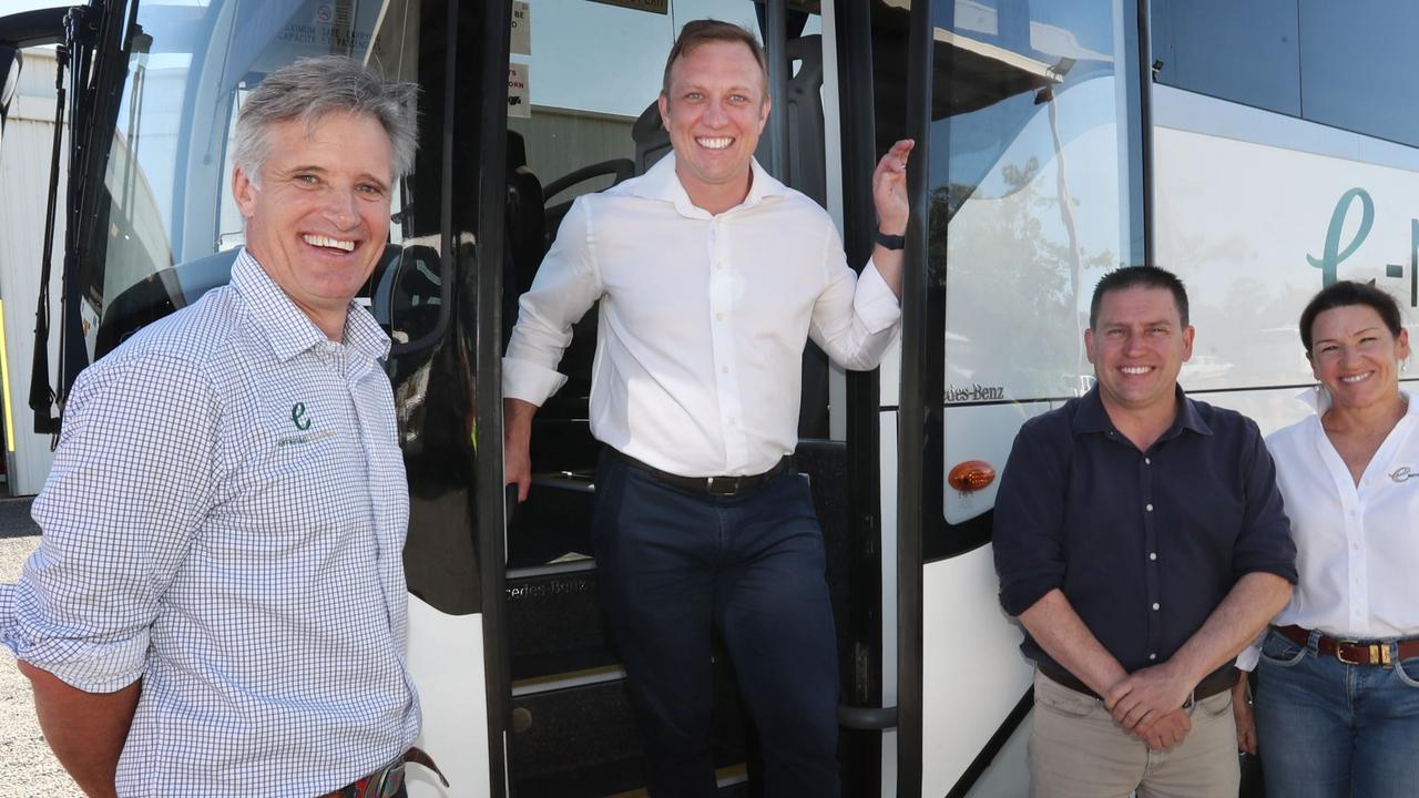 Michael Baulch, director of Emerald Coaches, Queensland Deputy Premier, Steven Miles, Gladstone Mayor, Matt Burnett, and Rachael Baulch, director of Emerald Coaches.