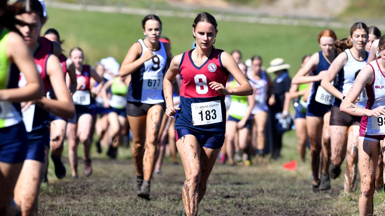 No 183 Ella Steffens of Brisbane state high school Annual QGSSSA private schoolgirl cross country championship at Rivermount College in Yatala. Saturday May 15, 2021. Picture, John Gass