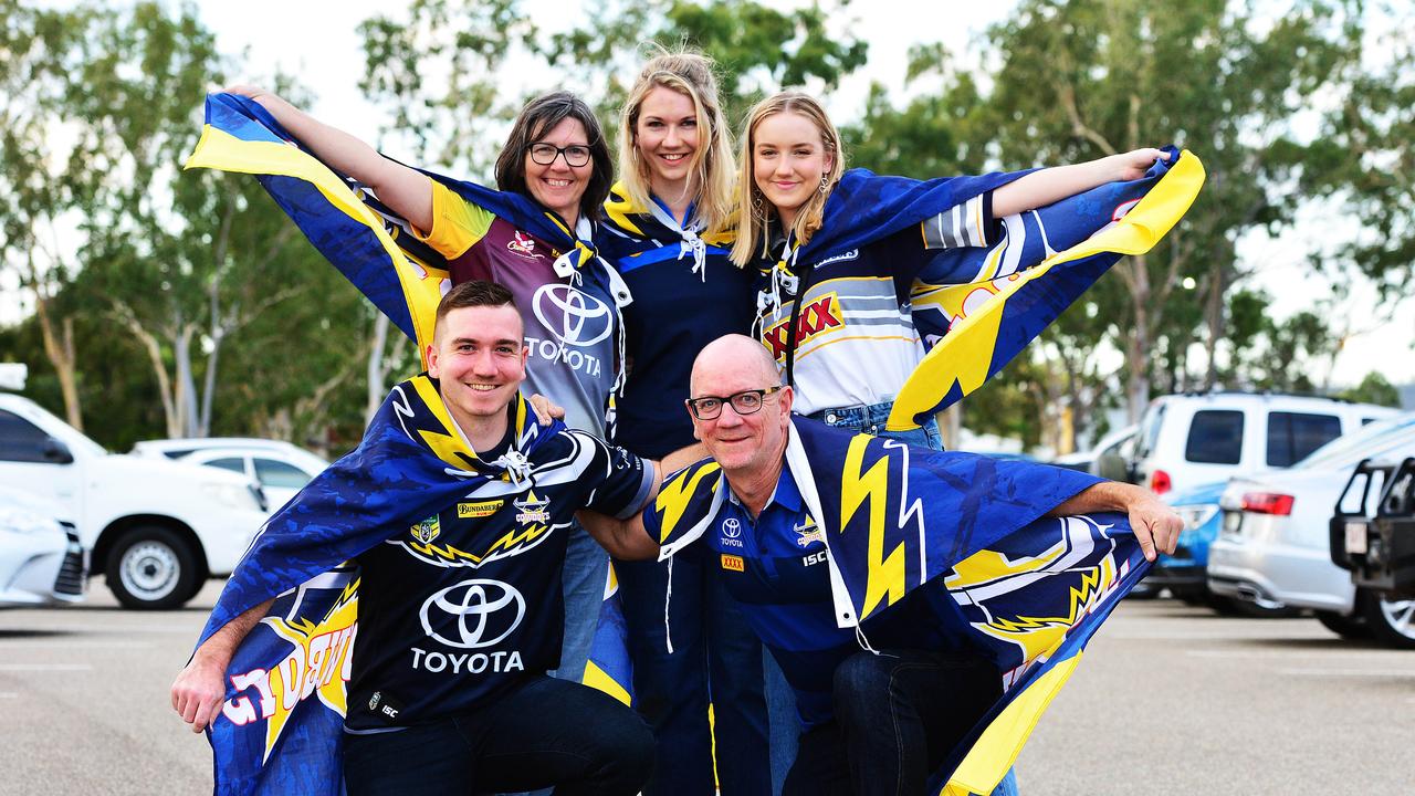 Socials from the North Queensland Cowboys v Parramatta Eels NRL game from 1300 Smiles Stadium. (front) Vinny and Stephen Holliday and (rear) Roseanne, Taylor and Julia Holliday. Picture: Zak Simmonds