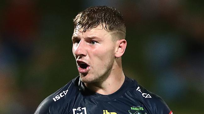 SYDNEY, AUSTRALIA - APRIL 03: George Williams of the Raiders reacts during the round four NRL match between the Gold Coast Titans and the Canberra Raiders at Netstrata Jubilee Stadium, on April 03, 2021, in Sydney, Australia. (Photo by Mark Metcalfe/Getty Images)