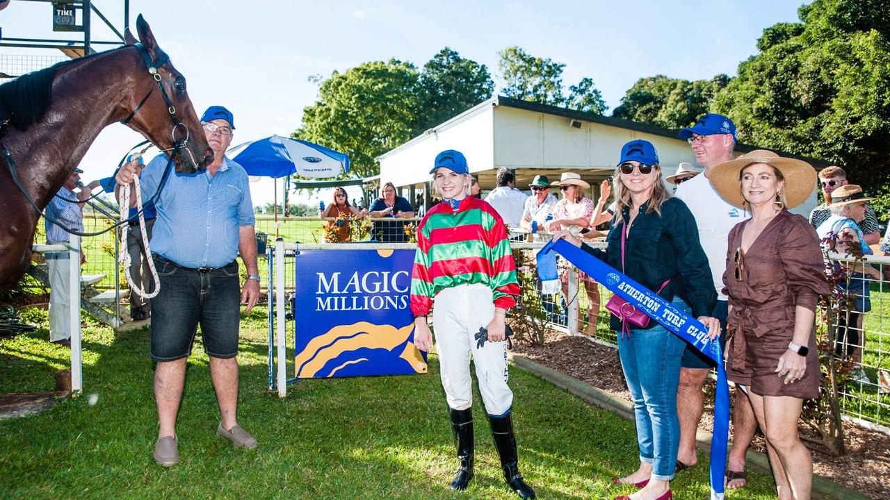 Trevor Rowe (trainer) Ms Krysten Swaffer (jockey), Donna Smith, Greg Smith, Jane Koch after Salesman won the Rob Koch Memorial race at Atherton.