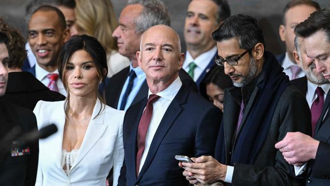 Lauren Sanchez, Amazon founder Jeff Bezos, Google CEO Sundar Pichai and Tesla and SpaceX CEO Elon Musk attend the inauguration ceremony.