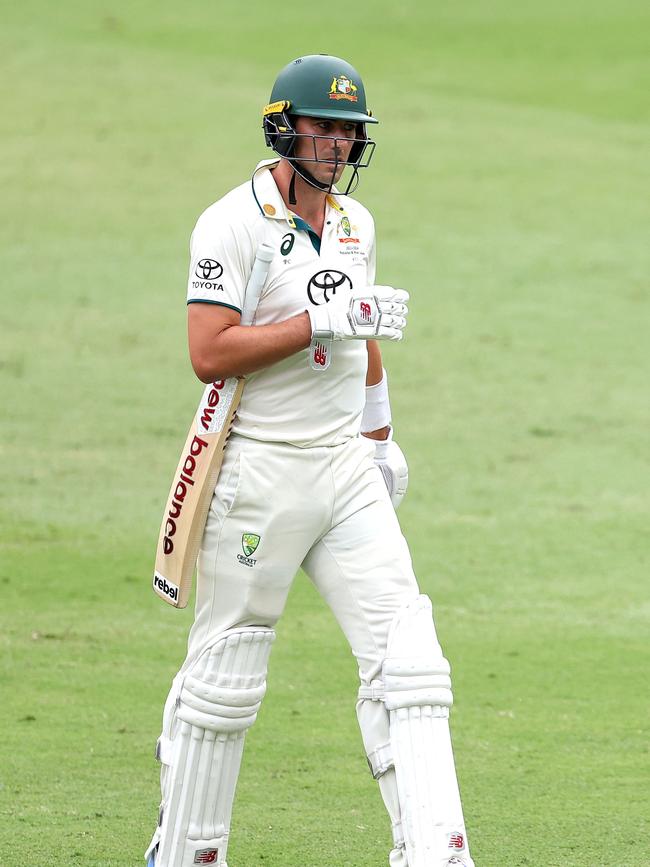 Pat Cummins of Australia is dismissed during day four of the second cricket Test match between Australia and West Indies. Picture: Pat Hoelscher / AFP.