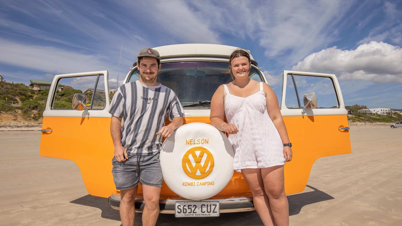 Kelly Trebilcock Aden Hocking on Aldinga Beach SA. Picture: Ben Clark