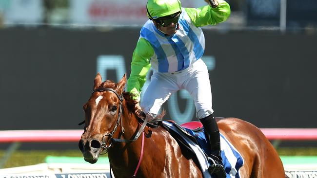 SYDNEY, AUSTRALIA - OCTOBER 14:  Tyler Schiller riding Front Page wins Race 5 The Kosciuszko during Sydney Racing - TAB Everest Day at Royal Randwick Racecourse on October 14, 2023 in Sydney, Australia. (Photo by Jeremy Ng/Getty Images)