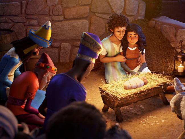 Joseph (voiced by Zachary Levi) and Mary (Gina Rodriguez) surrounded by animals in the manger in The Star. Picture: Sony Pictures Animations