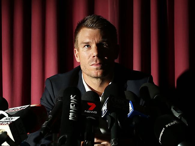 SYDNEY, AUSTRALIA - MARCH 31: Australian cricketer David Warner speaks to the media during a press conference at Cricket NSW Offices on March 31, 2018 in Sydney, Australia. Warner was banned from cricket for one year by Cricket Australia following the ball tampering incident in South Africa. (Photo by Brendon Thorne/Getty Images)