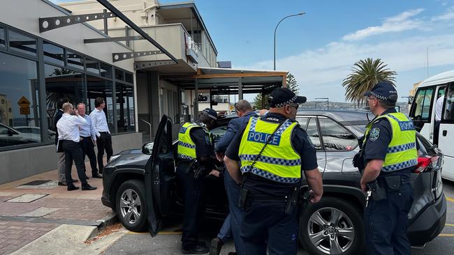 Police outside the Esplanade Hotel, Brighton, ahead of the jury view. Picture: Emma Brasier